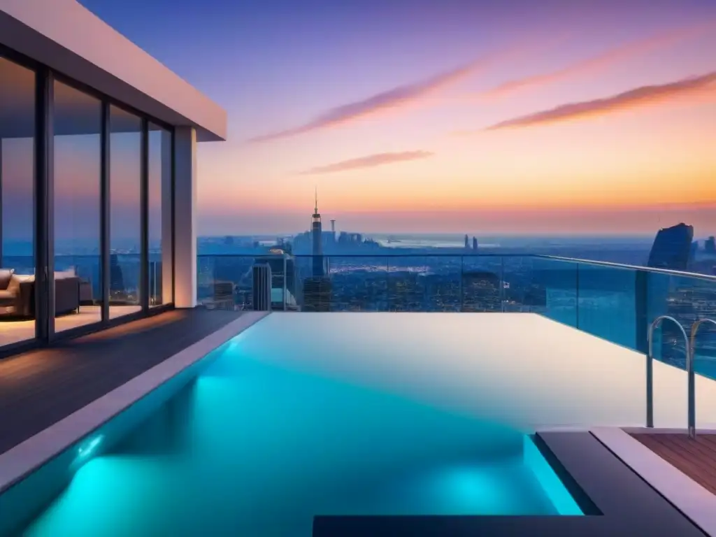 Penthouse moderno de lujo con vistas a la ciudad al atardecer Un lujoso ático moderno con diseño eco-friendly en Asia, rodeado de la bulliciosa ciudad al anochecer