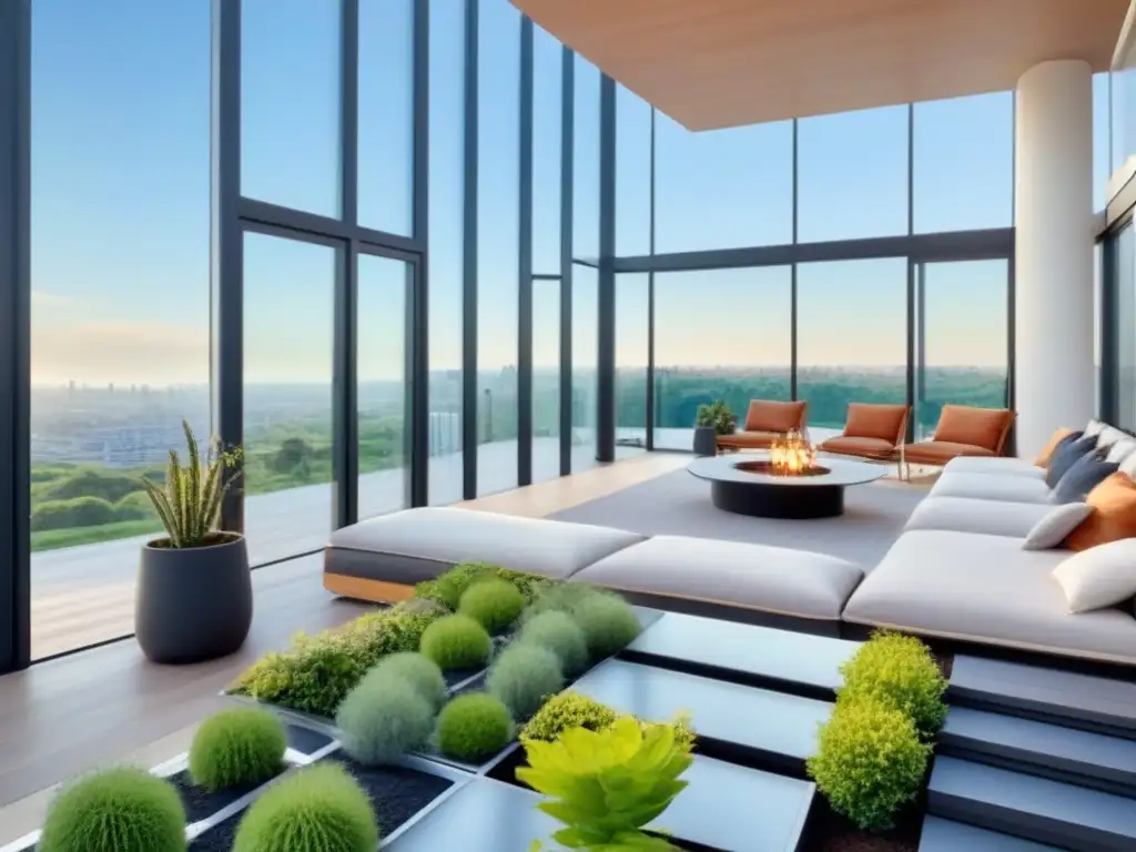 Penthouse de lujo con jardín eco en azotea Un lujoso ático moderno rodeado de un exuberante jardín en la azotea, con paneles solares y diseño sostenible