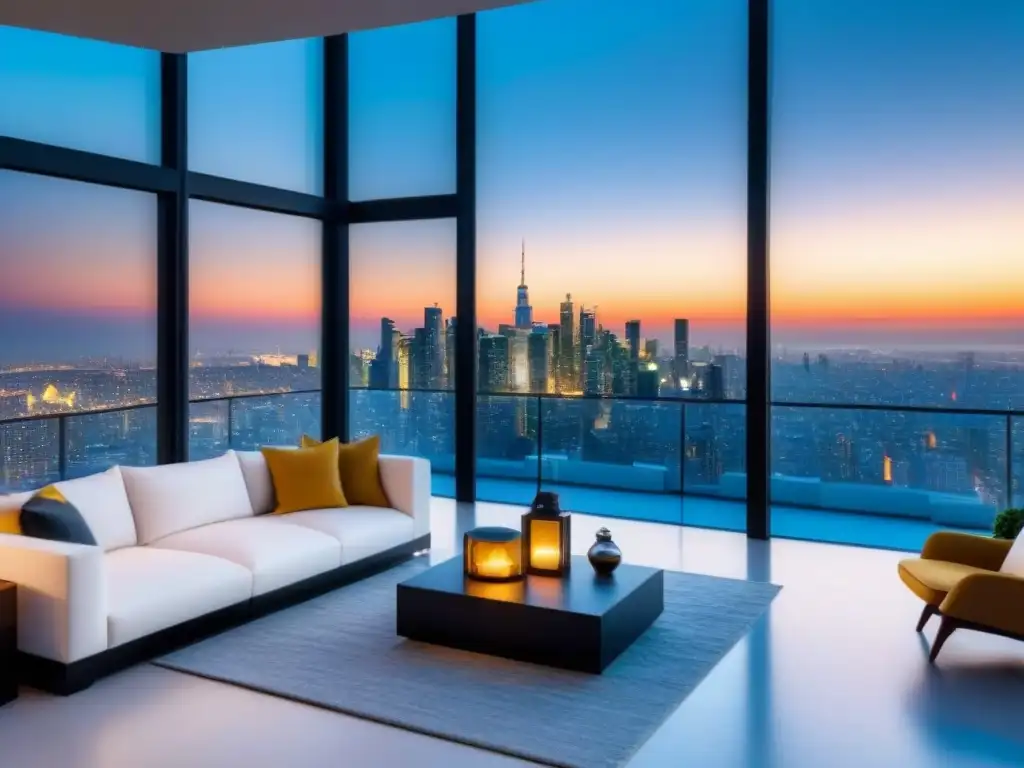 Penthouse de lujo con vista panorámica al atardecer Un lujoso ático moderno con ventanales de piso a techo que muestran una impresionante panorámica de la ciudad al atardecer