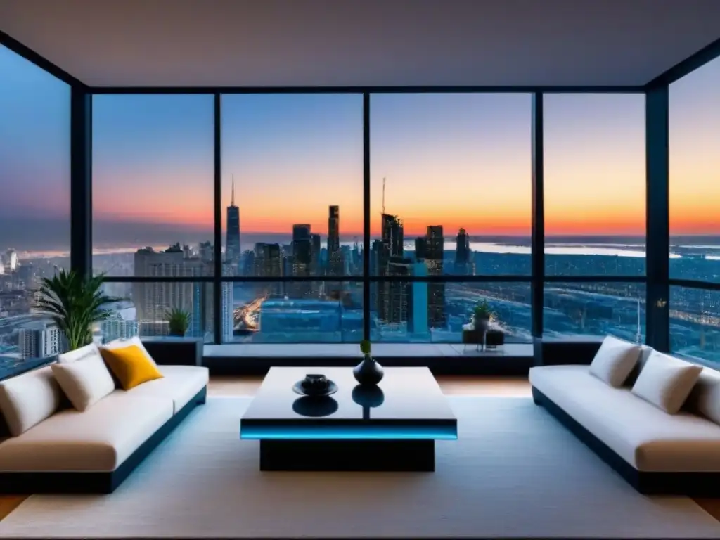 Penthouse moderno y lujoso con vista panorámica urbana Un lujoso ático moderno con ventanales de piso a techo y una vista panorámica de la ciudad al anochecer
