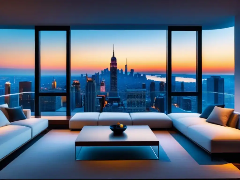 Espectacular penthouse moderno con vista panorámica al atardecer Un lujoso ático moderno con ventanales de piso a techo mostrando la impresionante vista de la ciudad al atardecer