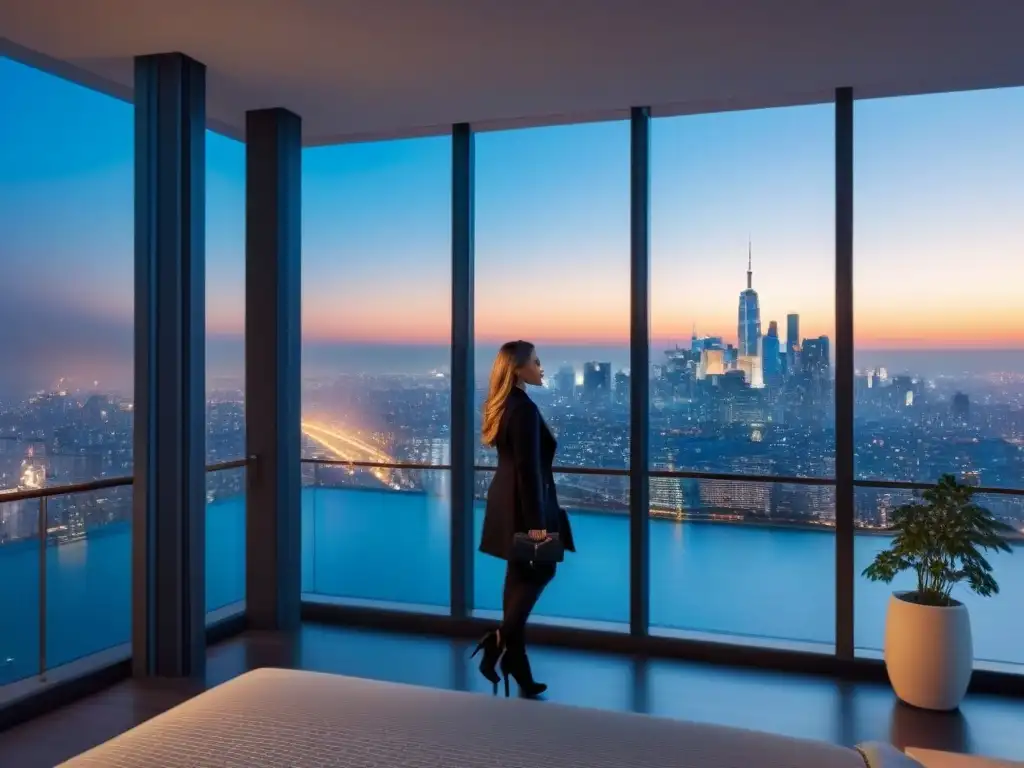 Penthouse de lujo con vista panorámica a la ciudad al atardecer Un lujoso ático moderno con ventanales de piso a techo que muestran un impresionante horizonte urbano al atardecer