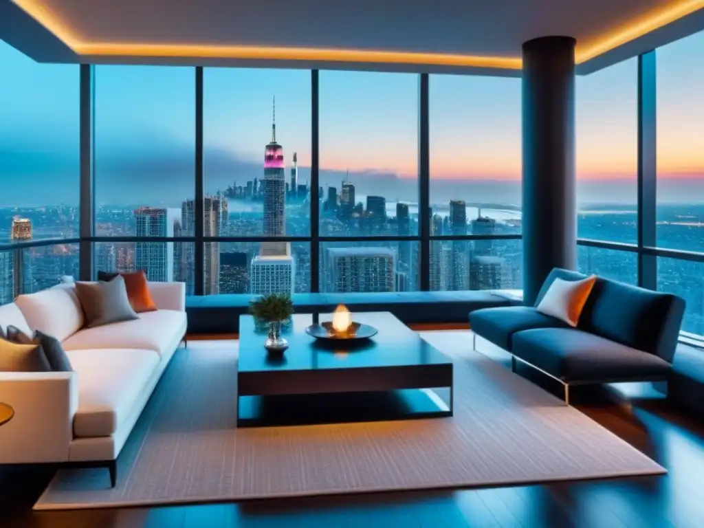 Penthouse de lujo: vista panorámica y elegancia contemporánea Un lujoso ático moderno con ventanas de piso a techo, decorado con estilo contemporáneo y acabados de lujo