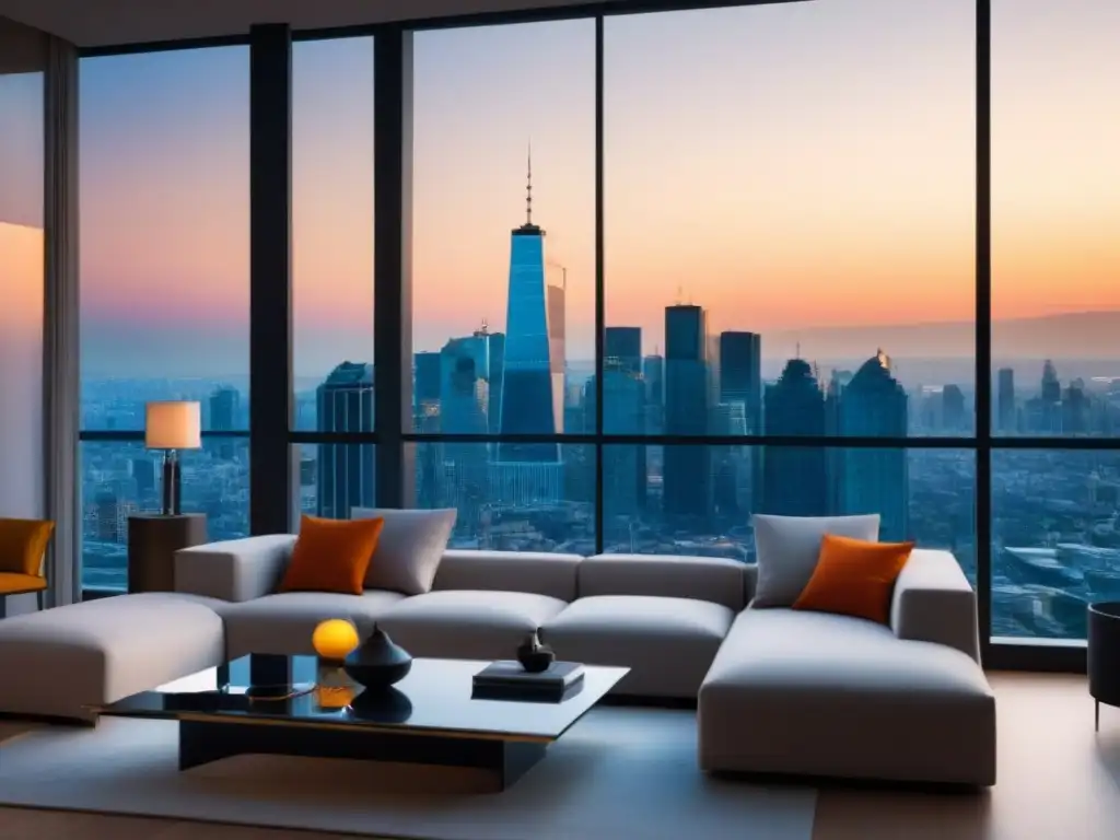 Penthouse moderno con tecnología sostenible y vistas urbanas al atardecer Un lujoso ático moderno con ventanas de piso a techo, vistas a un horizonte urbano al atardecer