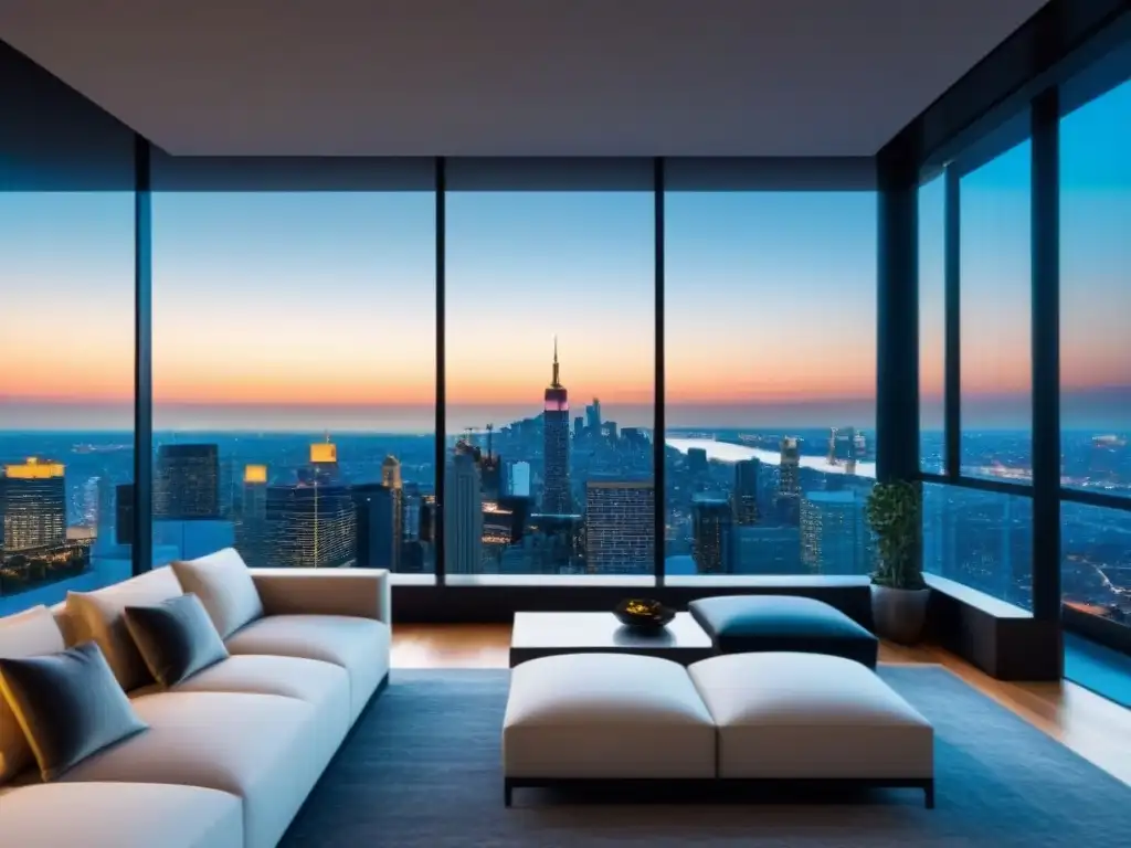 Penthouse de lujo con vistas panorámicas y diseño contemporáneo Un lujoso ático moderno con vista a la vibrante ciudad y elegante decoración