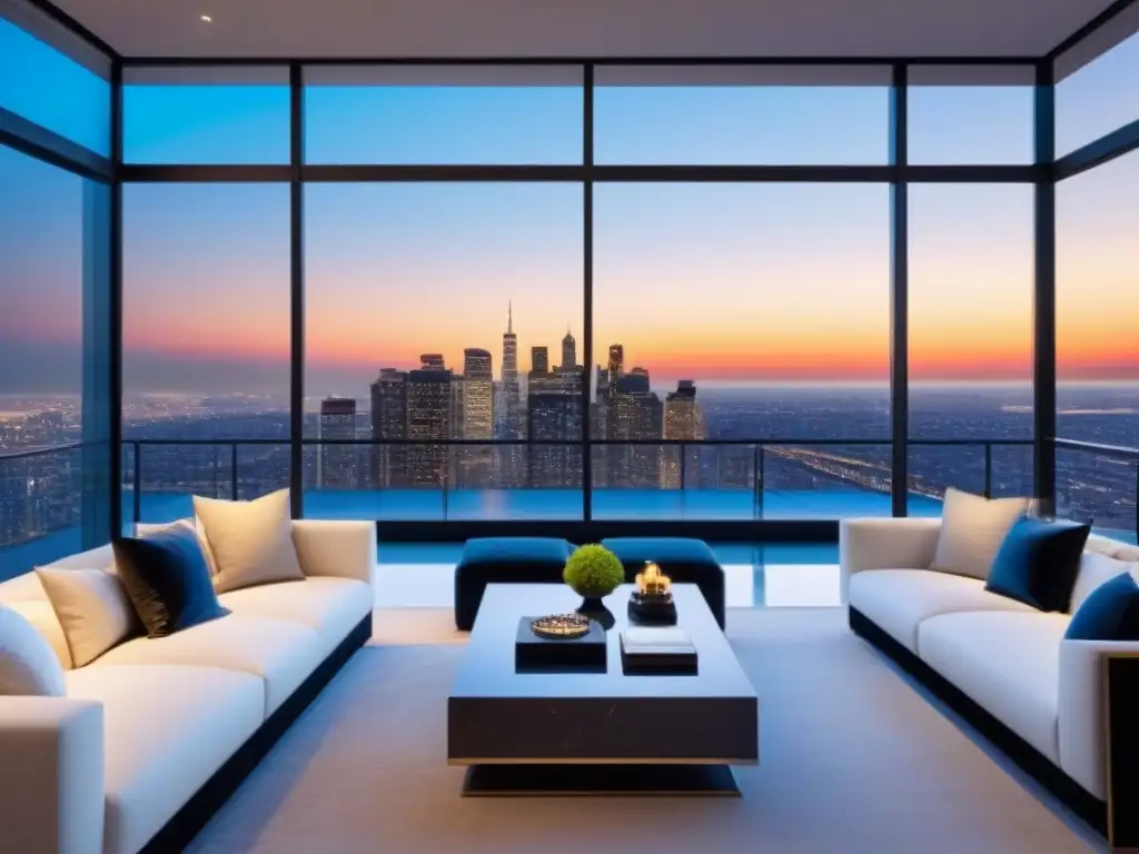 Penthouse de lujo con vista a la ciudad y atardecer espectacular Un lujoso ático moderno con vista a la ciudad, decoración elegante y una terraza espaciosa mostrando un atardecer urbano