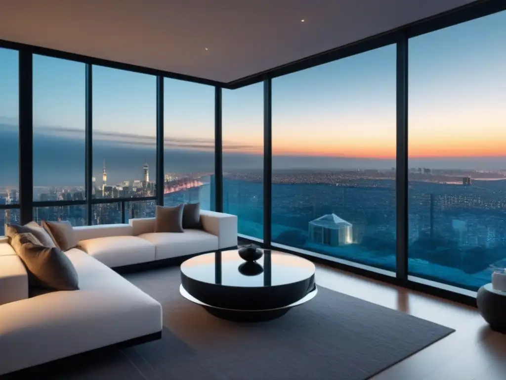 Penthouse de lujo con vista panorámica y diseño elegante en la ciudad Un lujoso ático moderno con vista a la bulliciosa ciudad y diseño interior elegante, influenciado por inversiones inmobiliarias internacionales