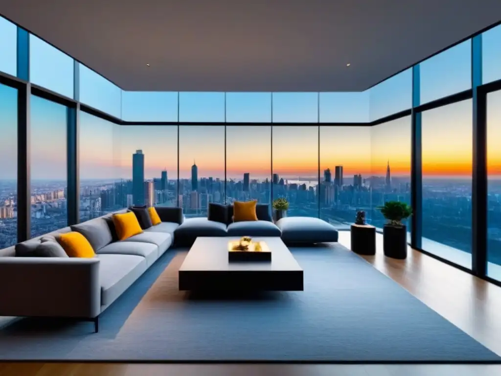 Penthouse de lujo con vistas panorámicas y diseño moderno Un lujoso ático moderno con vista panorámica a la ciudad, iluminado por la hora dorada, con diseño interior elegante y contemporáneo