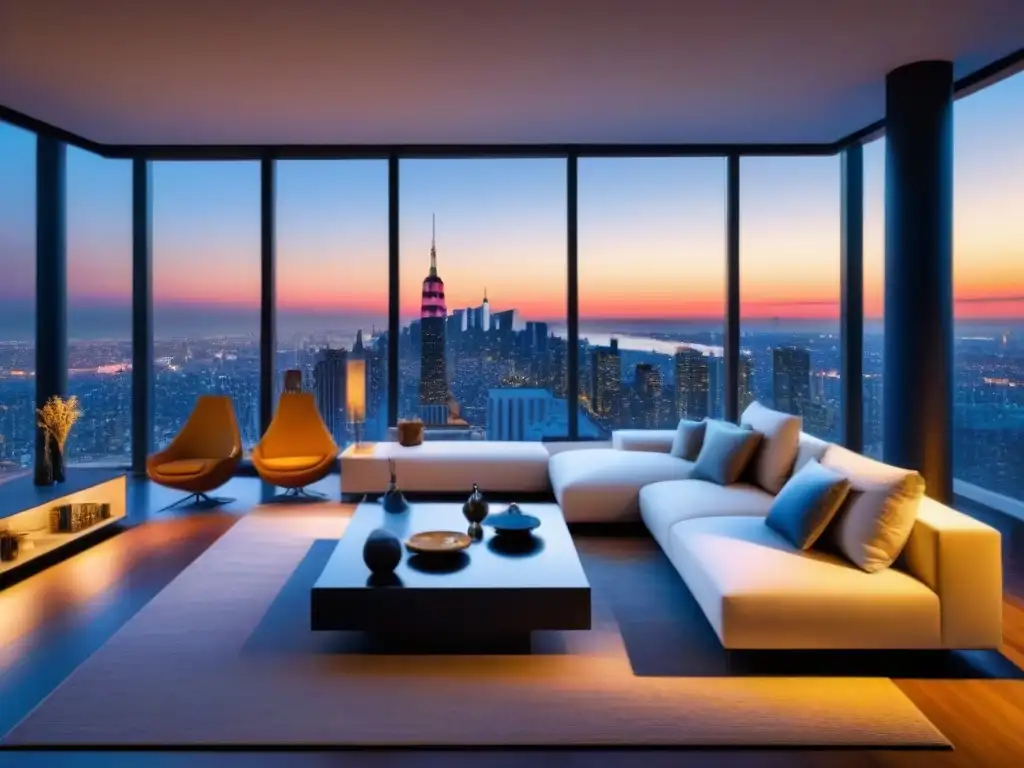 Penthouse moderno con vista a la ciudad al anochecer Un lujoso ático moderno con vista a la ciudad al anochecer, destacando el diseño elegante y las luces de la metrópolis