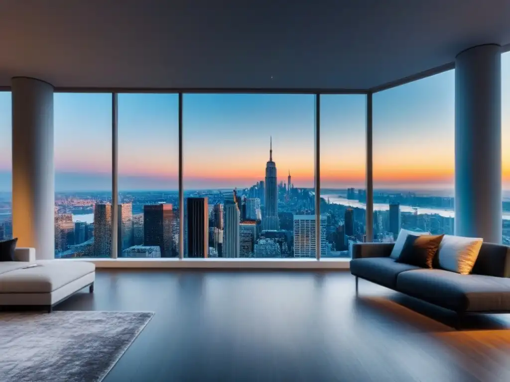 Penthouse de lujo con vistas panorámicas en ciudad cosmopolita Un lujoso ático moderno con vista a la ciudad, ventanas panorámicas, muebles contemporáneos y decoración elegante en tonos de gris y blanco