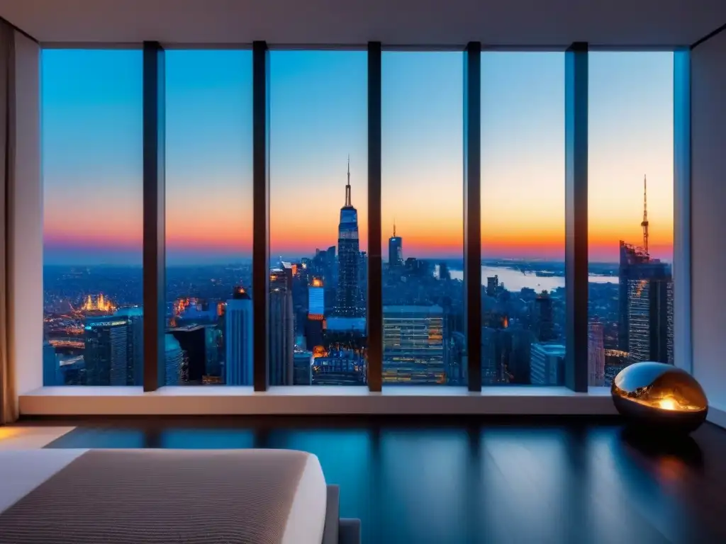 Penthouse de lujo con vistas a la ciudad al atardecer Un lujoso ático moderno con vista a la bulliciosa ciudad internacional al atardecer, diseño interior contemporáneo y terraza en la azotea
