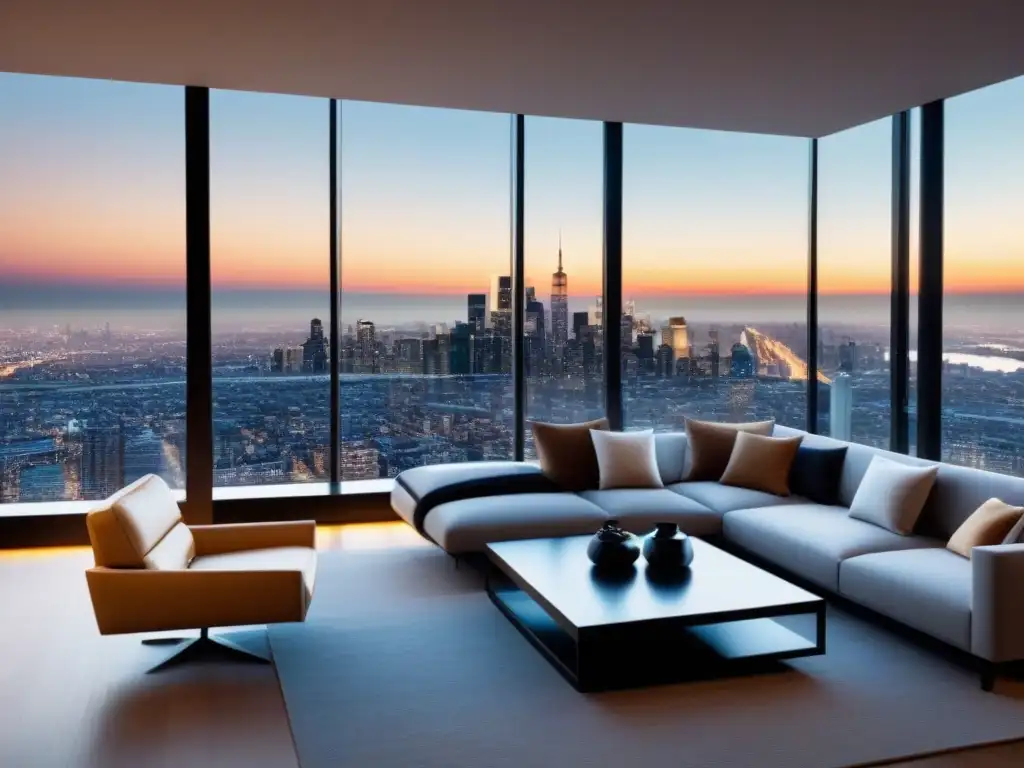 Penthouse de lujo con vista panorámica a la ciudad al atardecer Un lujoso ático moderno con vista panorámica de la ciudad al atardecer