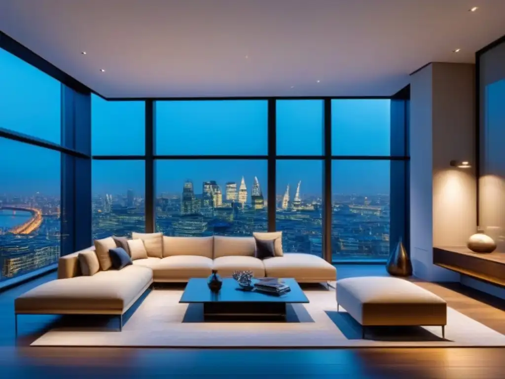 Penthouse de lujo en Londres al atardecer: diseño moderno y exclusividad Lujoso ático moderno con vista panorámica de Londres al atardecer, reflejando exclusividad y sofisticación en el mercado inmobiliario postBrexit