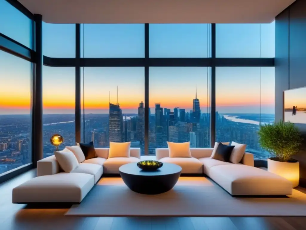 Penthouse moderno con vista panorámica de ciudad al atardecer Un lujoso ático moderno con vista panorámica de la ciudad al atardecer, diseño sostenible LEED-certificado