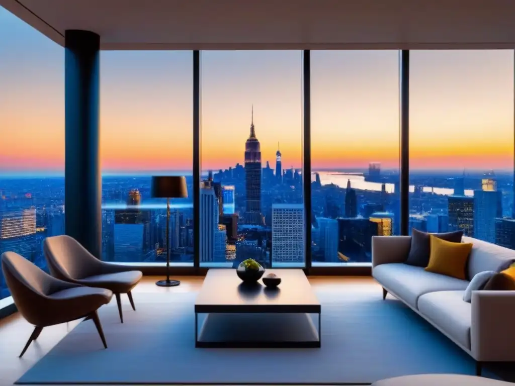Penthouse de lujo con vistas a la ciudad al atardecer Un lujoso ático moderno con vista a un vibrante horizonte urbano al atardecer, reflejando opulencia y sofisticación