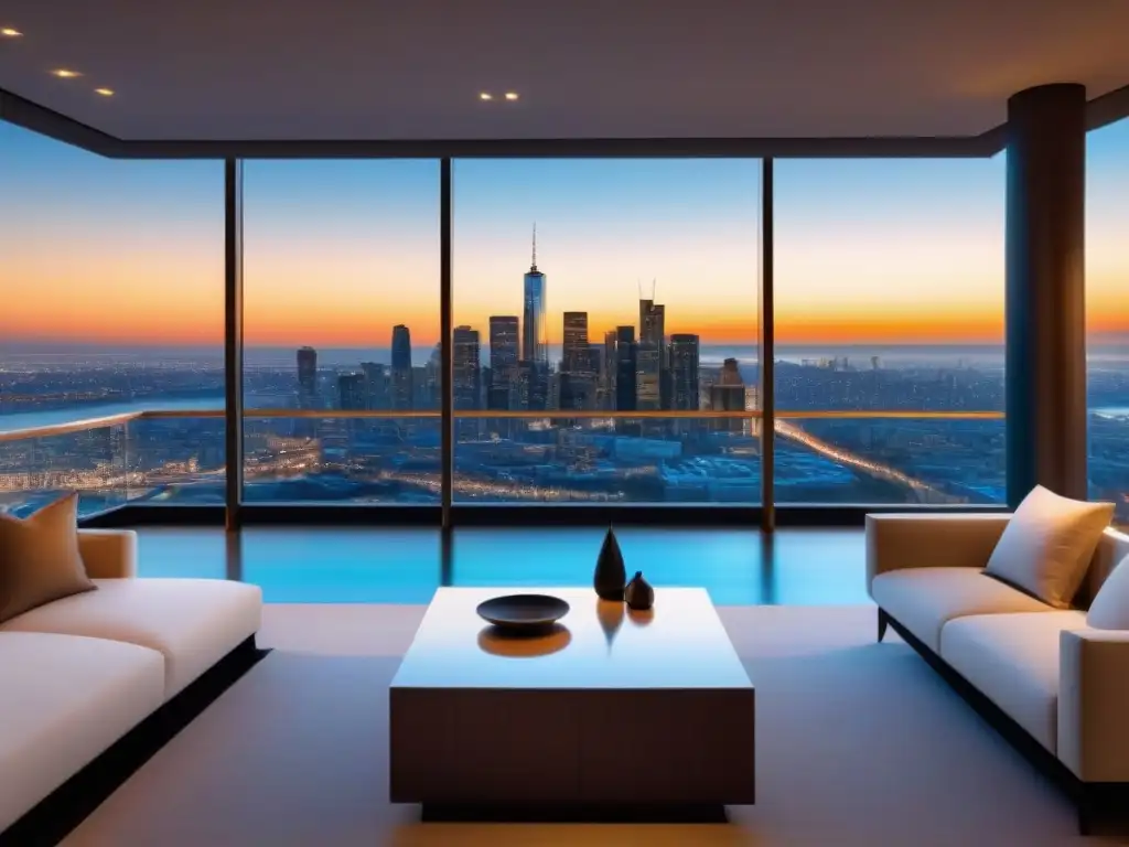 Penthouse de lujo con vista a la ciudad al atardecer Un lujoso ático moderno con vista a la vibrante ciudad al atardecer, diseño sofisticado en tonos neutros y toques metálicos