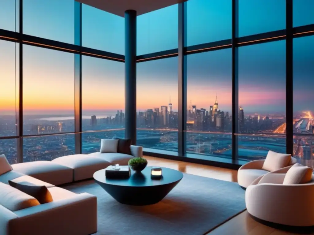 Un lujoso ático moderno con vista a la ciudad al atardecer, elegante y sofisticado