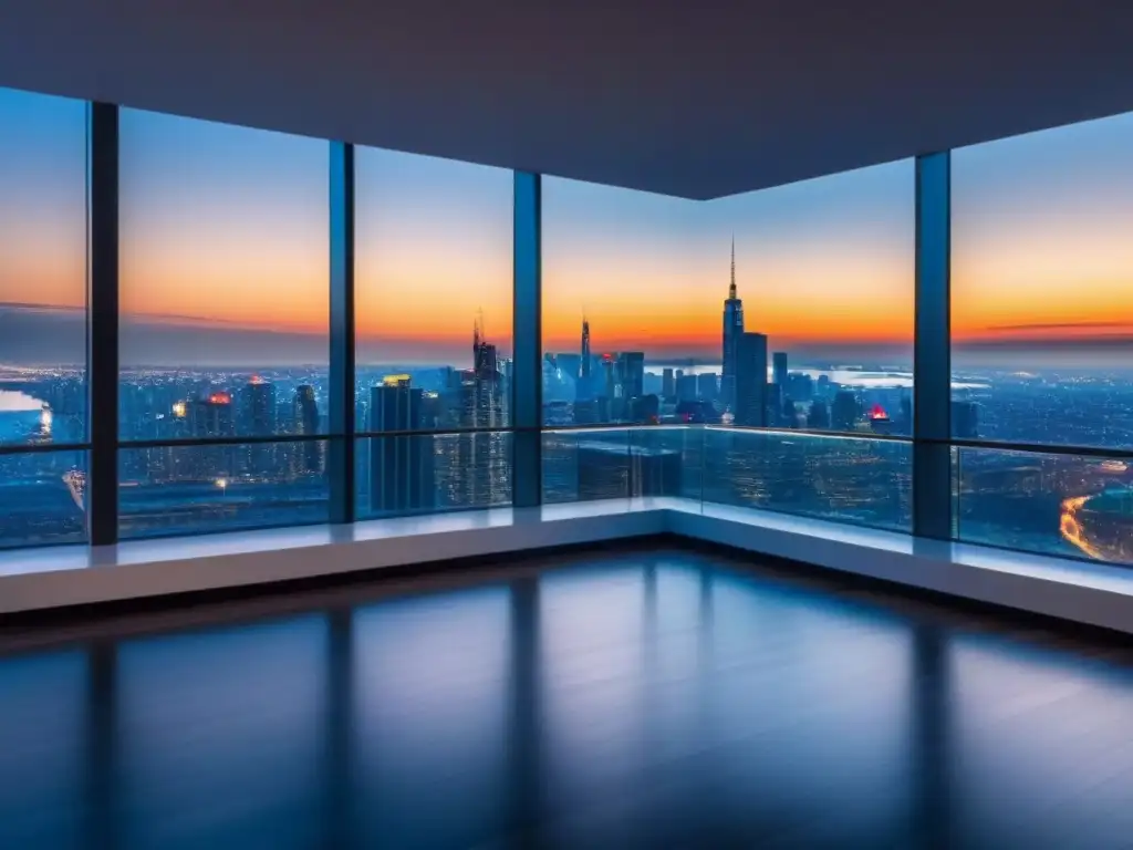 Un lujoso ático moderno con vista a la ciudad, interior elegante y diseño contemporáneo