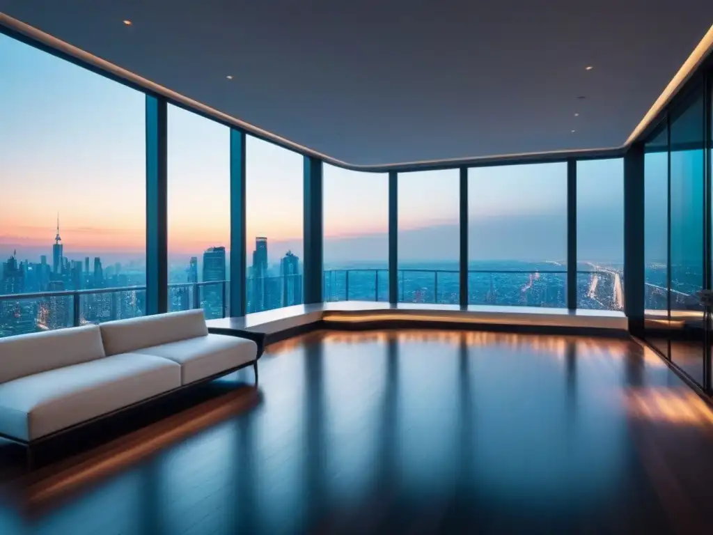 Penthouse de lujo con vista panorámica en metrópolis internacional Lujoso ático moderno con vista panorámica a la ciudad, mobiliario contemporáneo y consejos de inversiones inmobiliarias internacionales