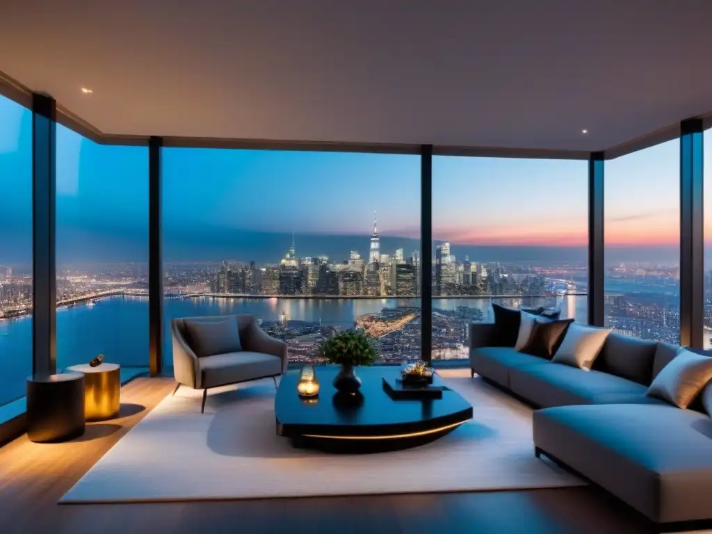 Penthouse de lujo con vista nocturna a la ciudad Un lujoso ático moderno con vistas a un deslumbrante horizonte de la ciudad de noche, bañado en una cálida luz ambiental