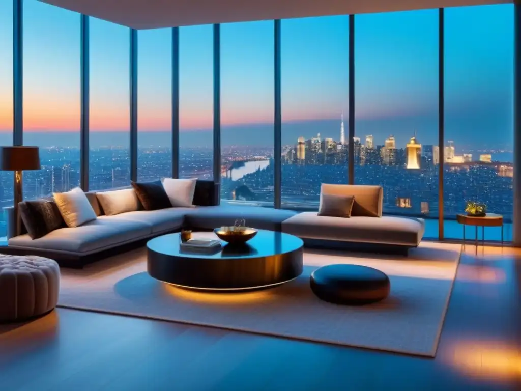 Un lujoso ático moderno con vistas a la bulliciosa ciudad, mobiliario contemporáneo y terraza elegante