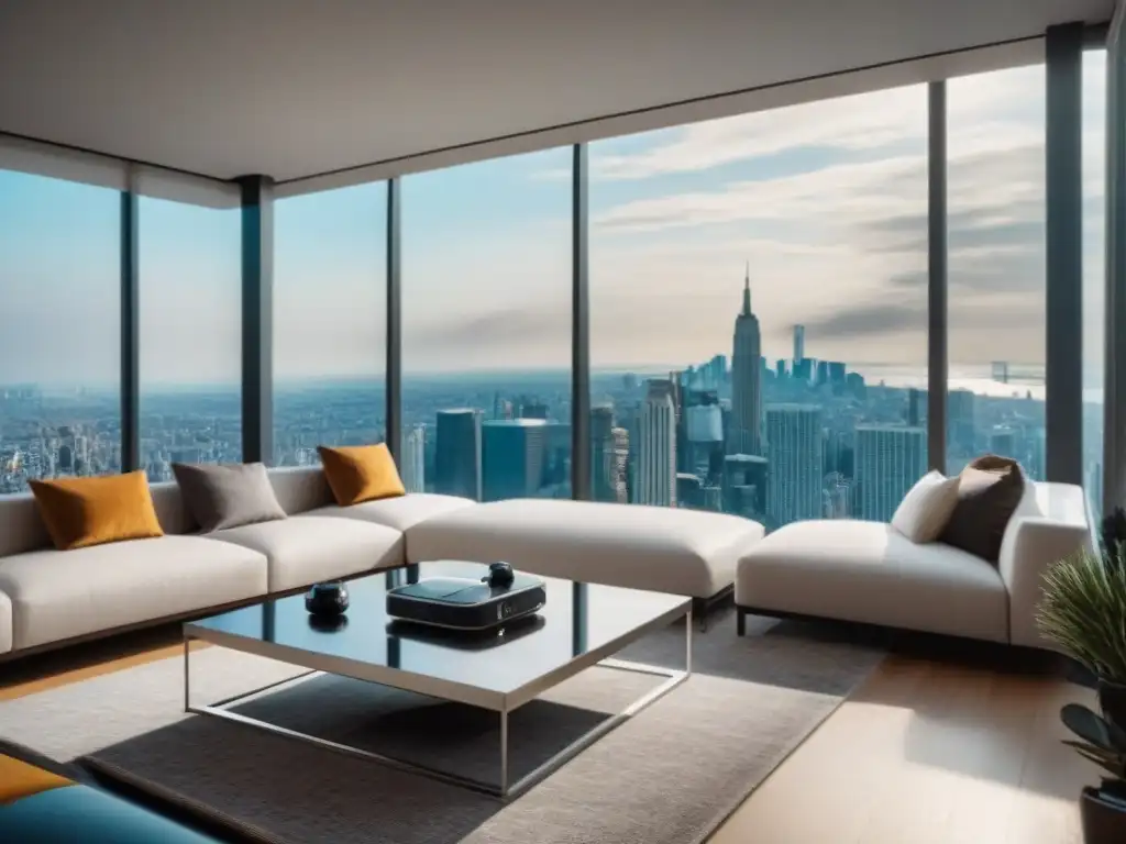 Penthouse moderno con realidad virtual en ciudad vibrante Un lujoso ático moderno con vistas a la ciudad, realzado por la realidad virtual en mercado inmobiliario