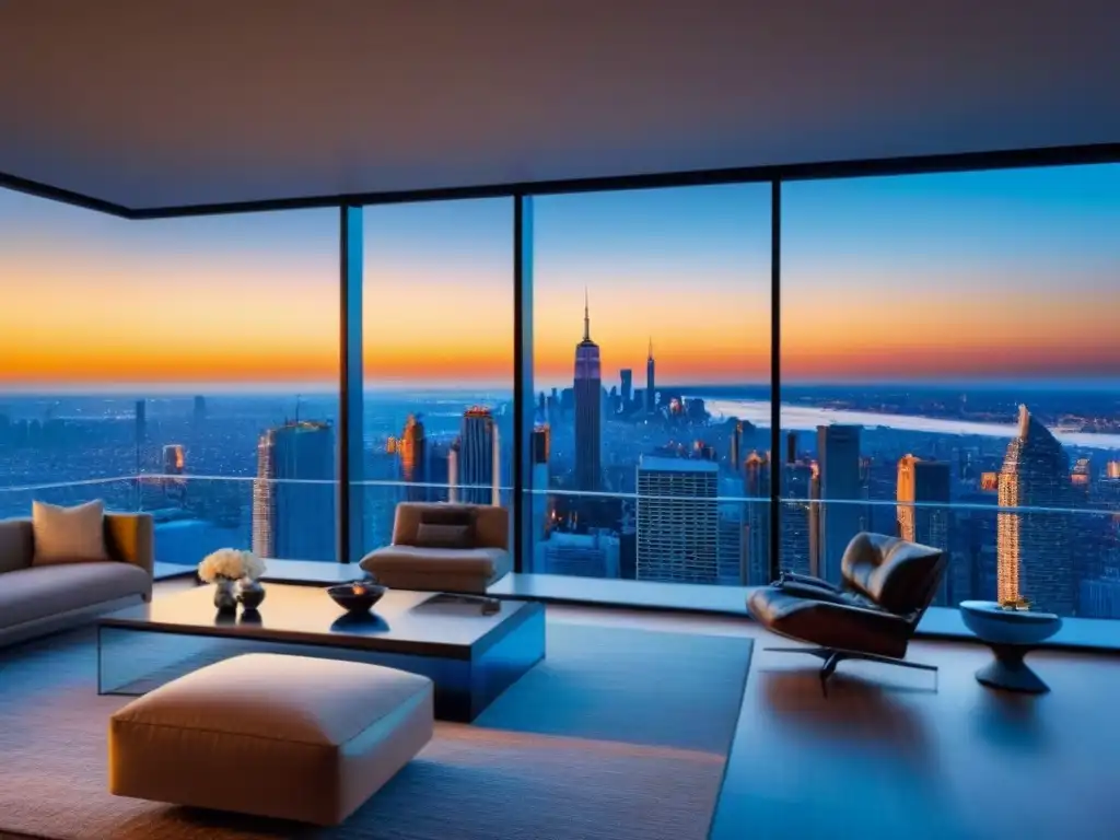 Un lujoso ático moderno con vistas a un paisaje urbano vibrante al atardecer