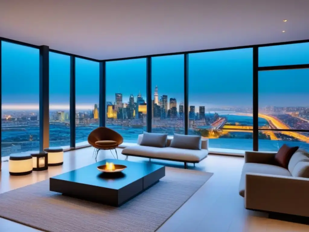 Penthouse de lujo con vistas a la ciudad: moderno y elegante Un lujoso ático moderno con vistas a un vibrante horizonte urbano, mobiliario contemporáneo y decoración elegante