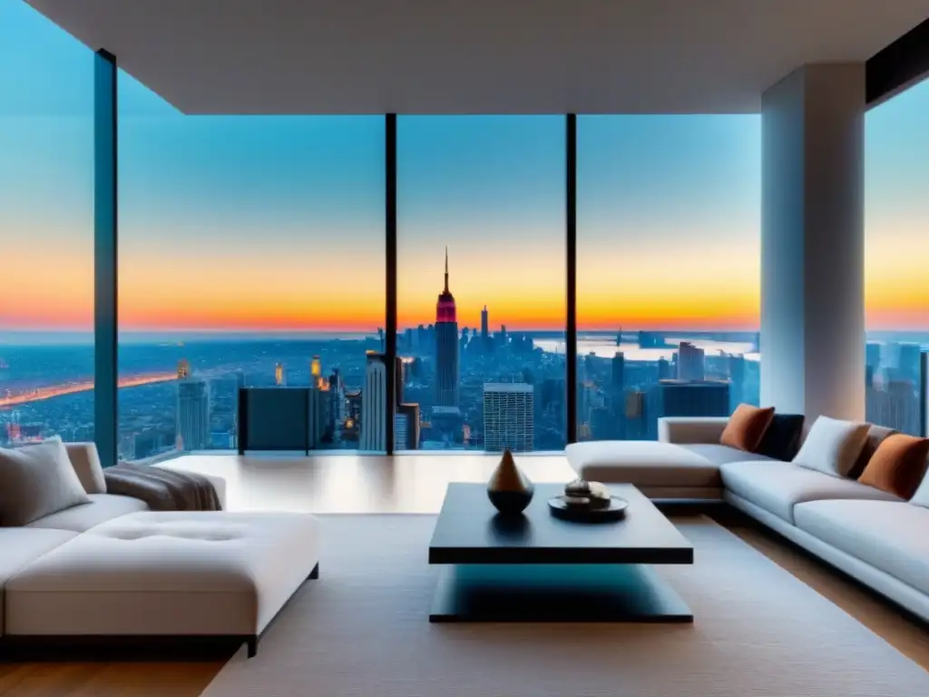 Penthouse de lujo con vista urbana y diseño moderno Un lujoso ático moderno con vistas a la vibrante ciudad, diseño interior elegante y muebles contemporáneos