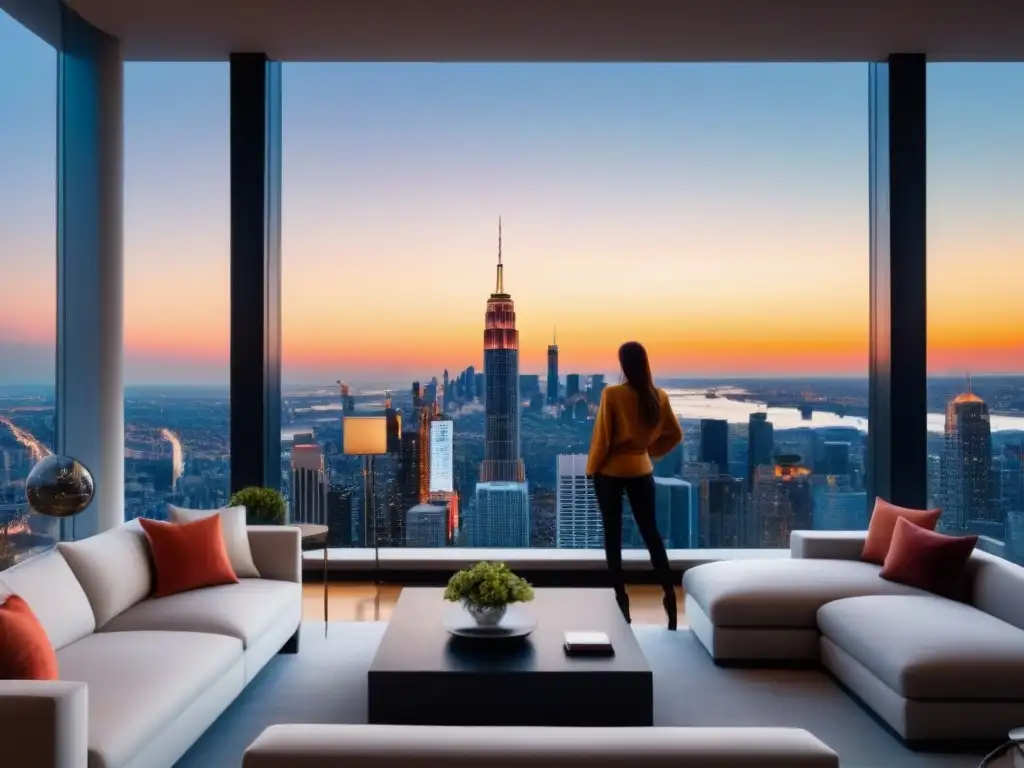 Penthouse de lujo con vista panorámica a la ciudad Un lujoso ático moderno con vistas a la ciudad, decorado con muebles contemporáneos y arte, ideal para inversionistas en propiedades de alta gama