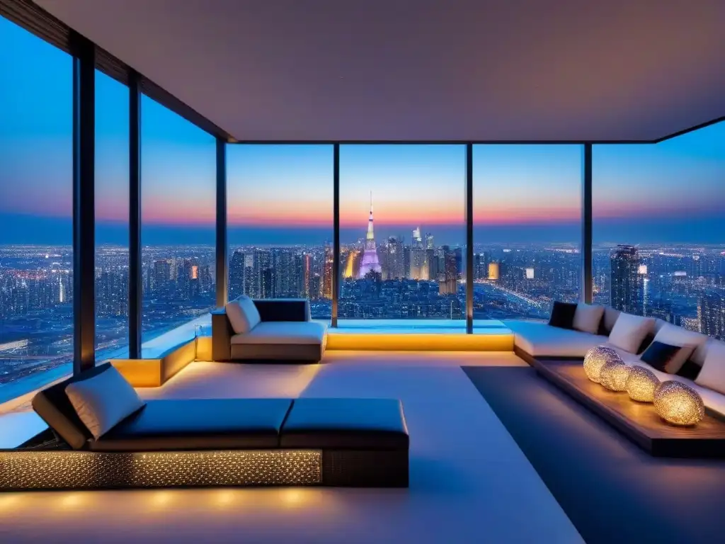 Penthouse de lujo: diseño contemporáneo con vistas urbanas al atardecer Un lujoso ático ultramoderno con vista a la ciudad al atardecer, ideal para compradores de propiedad de lujo