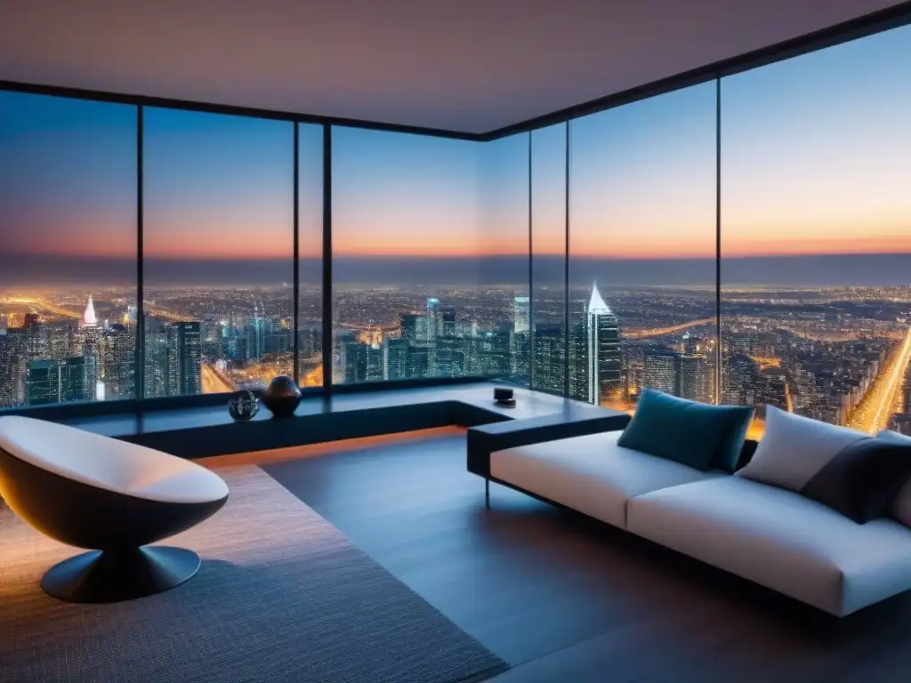 Penthouse ultramoderno con vista nocturna de la ciudad Un lujoso ático ultramoderno con vistas a la ciudad de noche
