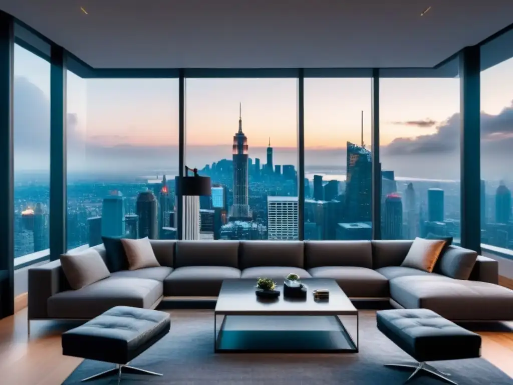 Exclusivo penthouse de lujo con vista panorámica en la ciudad Un lujoso ático con vista a la ciudad, muebles modernos y acabados de alta gama