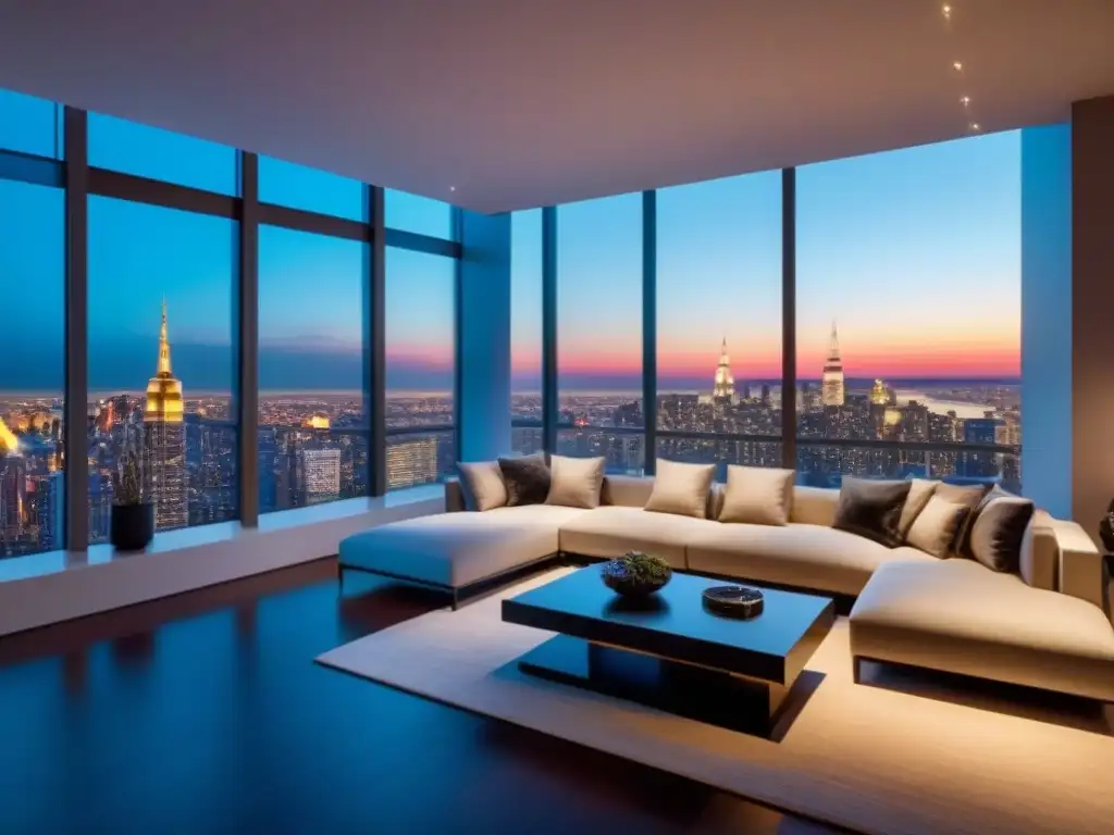 Penthouse de lujo con vista panorámica en la ciudad al anochecer Un lujoso ático con vista panorámica a una ciudad iluminada al anochecer, ideal para inversionistas globales mercado inmobiliario