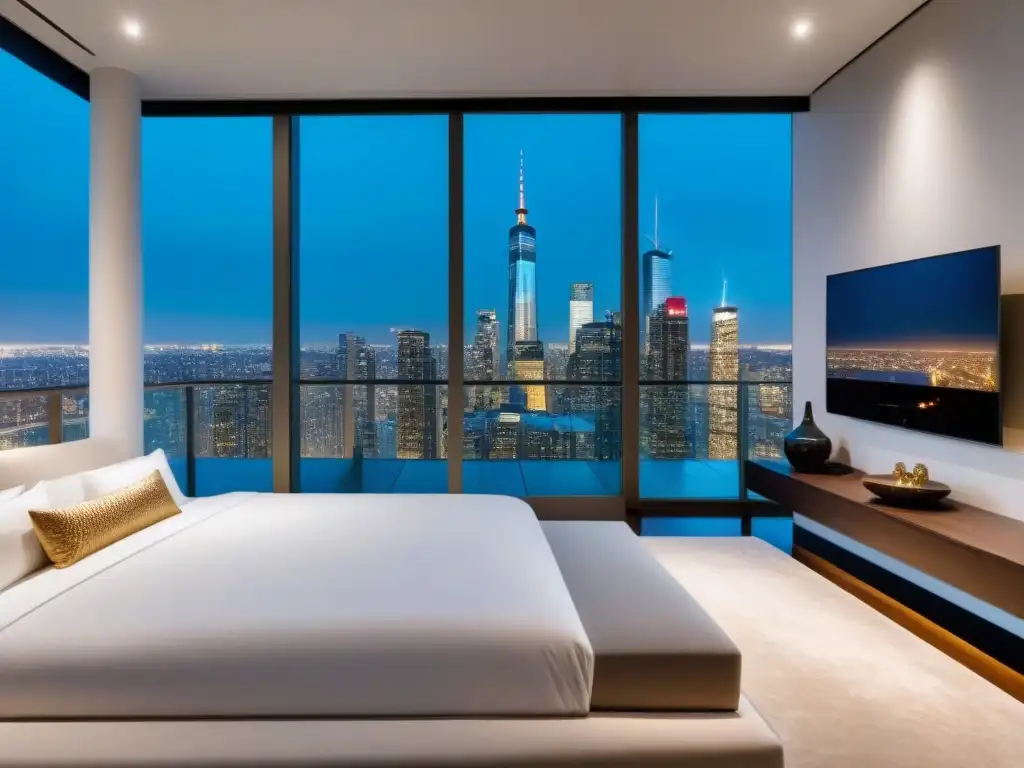 Penthouse de lujo con vistas panorámicas y diseño moderno Un lujoso ático con vistas a la bulliciosa ciudad al anochecer, mostrando un panorama de luces brillantes a través de ventanales