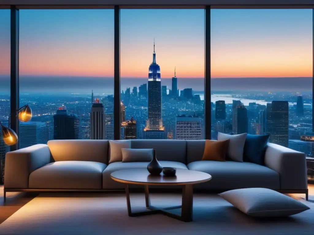 Penthouse de lujo con vistas a la ciudad al anochecer Un lujoso ático con vistas a un bullicioso horizonte urbano al anochecer, destacando la elegante decoración interior y la tecnología de vanguardia