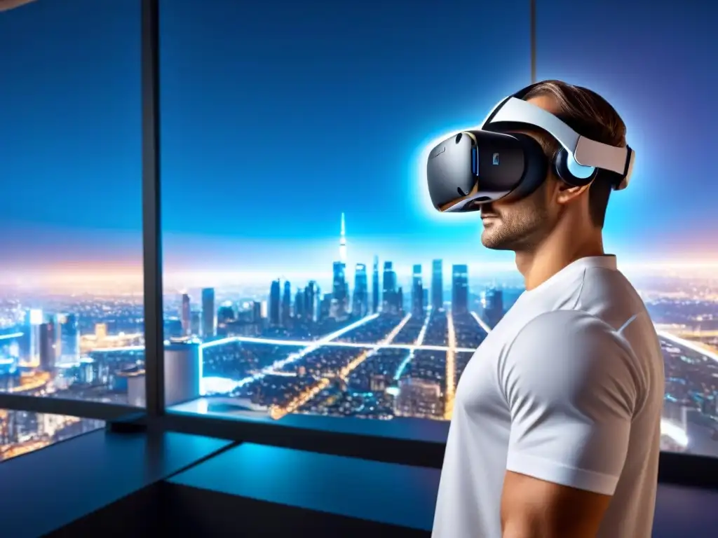 Realidad virtual de lujo: casas del futuro Un lujoso casco de Realidad Virtual en un penthouse futurista, fusionando lo virtual con lo físico