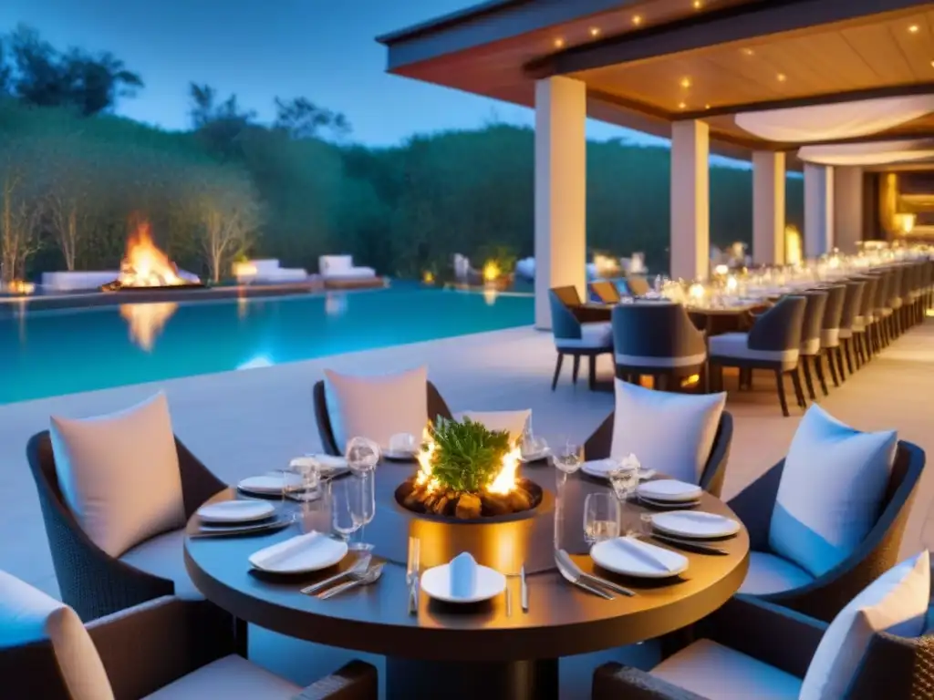 Exclusiva cena al aire libre en resort de lujo Un lujoso comedor al aire libre en un resort de tiempo compartido, con mobiliario moderno y elegante, rodeado de luces bajo un cielo estrellado