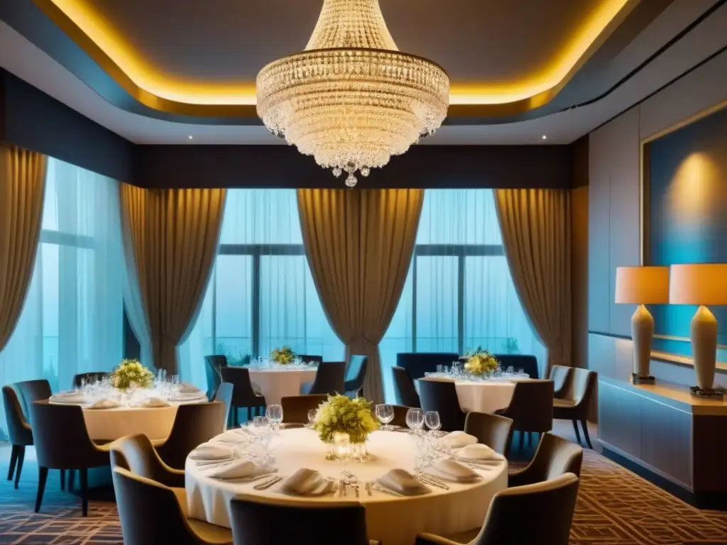 Exquisita elegancia en resort de lujo: cena gourmet en ambiente exclusivo Un lujoso comedor en un resort de tiempo compartido, con exquisita vajilla y un ambiente de opulencia y exclusividad