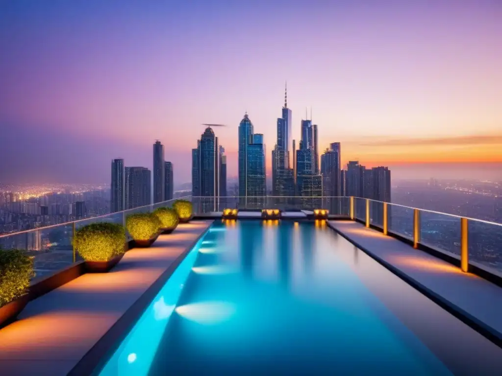 Resplandeciente complejo de lujo con vistas a la ciudad al atardecer Un lujoso complejo de apartamentos frente al horizonte de una ciudad centelleante al anochecer