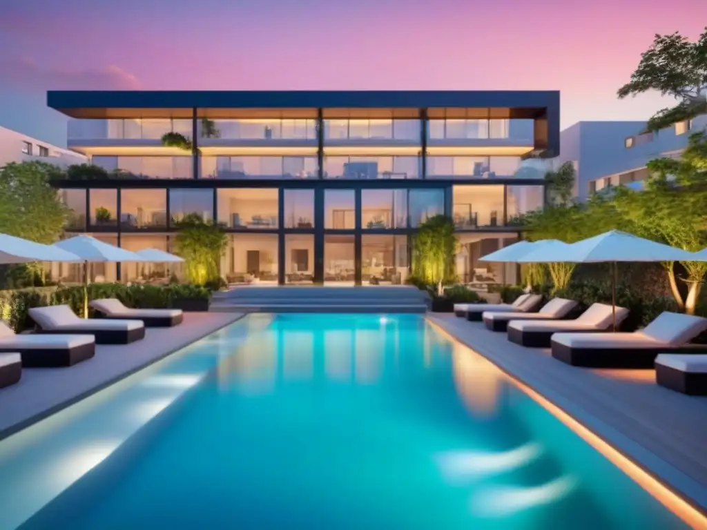 Residencial de lujo al atardecer: moderno, vibrante y comunitario Un lujoso complejo de apartamentos modernos al anochecer, con exteriores de vidrio reflejando luces de la ciudad, rodeado de vegetación y una piscina