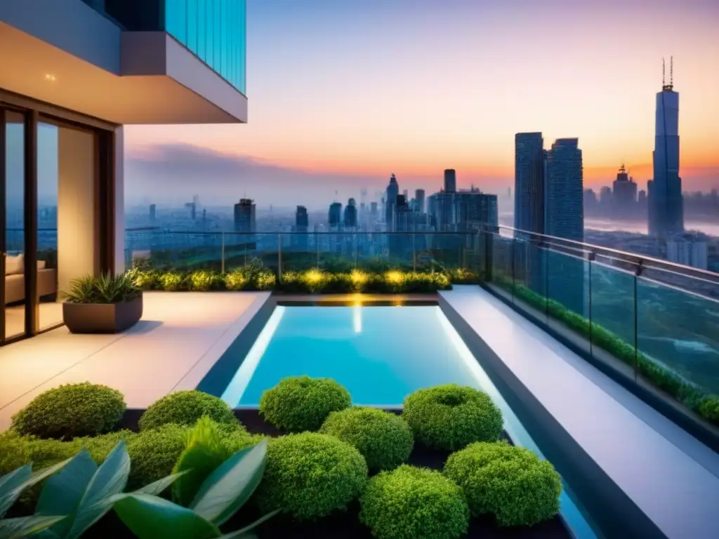 Complejo de apartamentos de lujo con jardín en la azotea y piscina con vistas a la ciudad al atardecer Un lujoso complejo de apartamentos modernos con exteriores de vidrio y exuberante vegetación