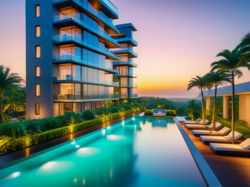 Condominio de lujo en entorno natural y urbano Un lujoso complejo de condominios de alta gama con fachadas de vidrio, rodeado de vegetación exuberante y una piscina reluciente, mostrando un estilo de vida urbano vibrante en un entorno natural sereno