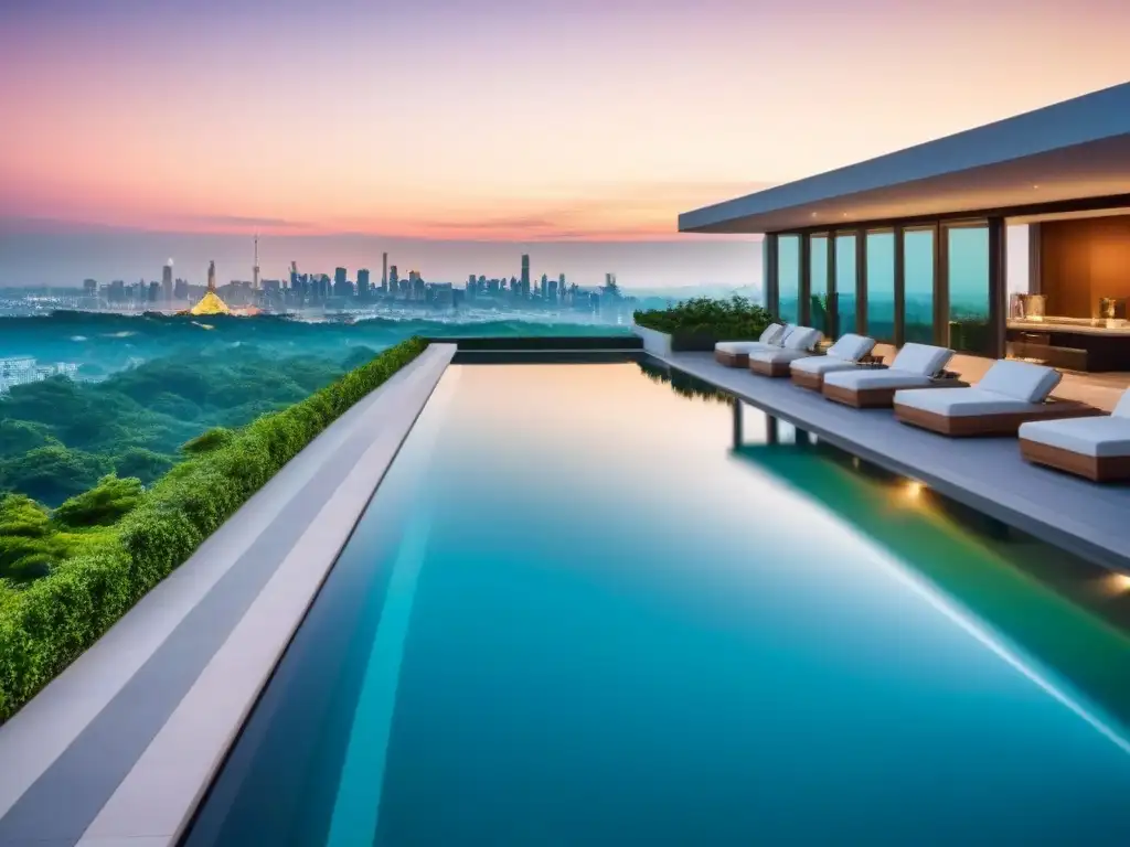 Condominio de lujo con vistas a la ciudad al atardecer Un lujoso complejo de condominios de alta gama con arquitectura moderna, rodeado de vegetación y con vista a un vibrante horizonte urbano al atardecer
