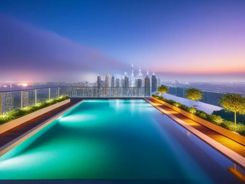 Condominio de lujo con piscina infinita en el cielo nocturno Un lujoso complejo de condominios en altura con vista a un resplandeciente horizonte urbano nocturno, reflejando las luces de la ciudad