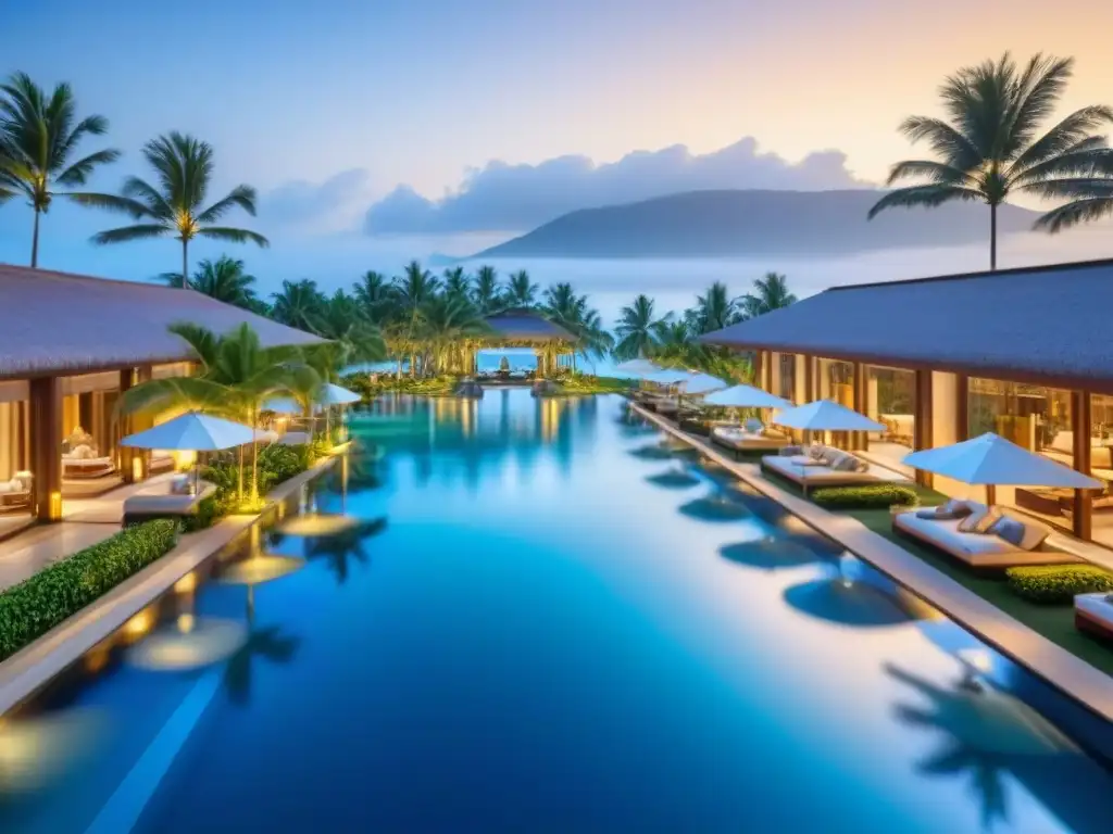 Resort de lujo en entorno tropical: arquitectura moderna y piscina infinita Un lujoso complejo de resort en entorno tropical con arquitectura moderna y elegante, piscina infinita y áreas de descanso al aire libre