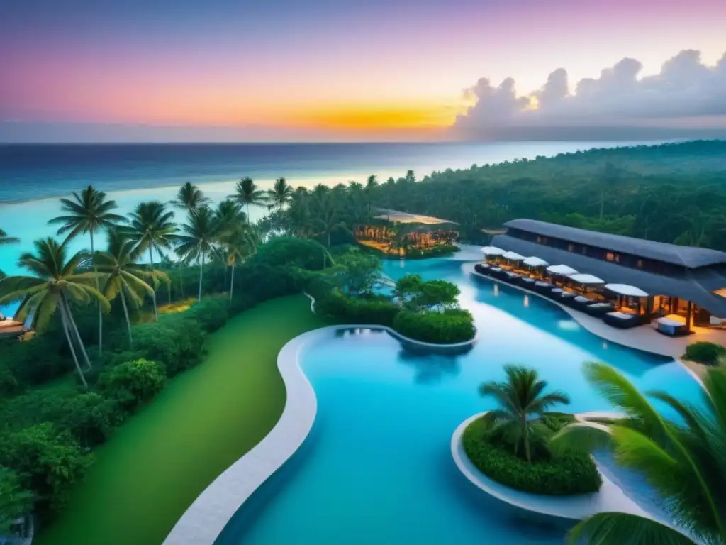 Exclusivo resort vacacional: lujo entre naturaleza y mar Un lujoso complejo de tiempo compartido entre exuberante vegetación tropical y aguas turquesas, con arquitectura moderna y actividades recreativas