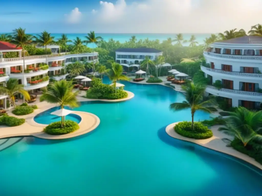 Resort de lujo: arquitectura moderna y exclusividad vacacional Un lujoso complejo de tiempo compartido internacional con diseño arquitectónico moderno, piscinas expansivas y acceso a la playa