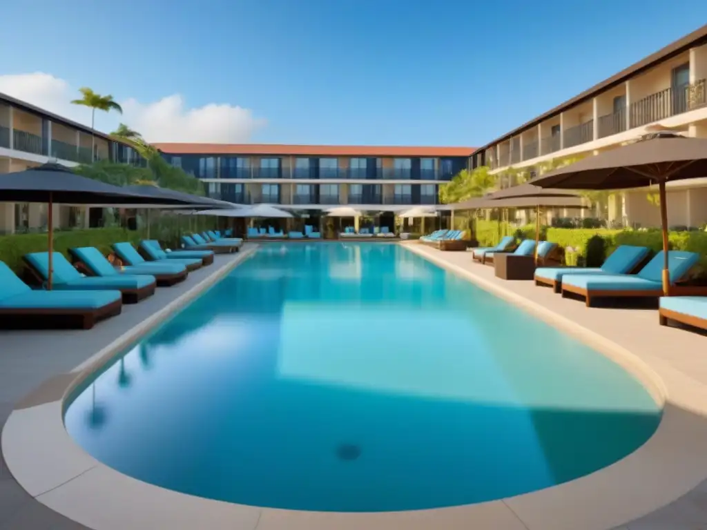 Resort de lujo: moderno y relajante en timeshare Un lujoso complejo de tiempo compartido post COVID con diseño moderno, piscina exterior y exuberante paisajismo