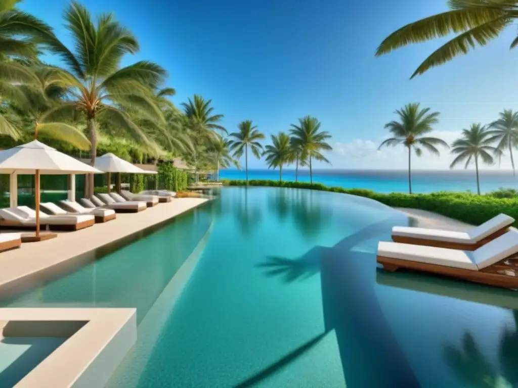 Resort de lujo en paraíso tropical: imagen 8k ultradetallada Un lujoso complejo de tiempo compartido en un entorno paradisíaco con reglas del mercado inmobiliario